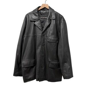 Vtg Wilsons Leather Jacket Mens Size XL Black Coat Button Front Pockets Collared